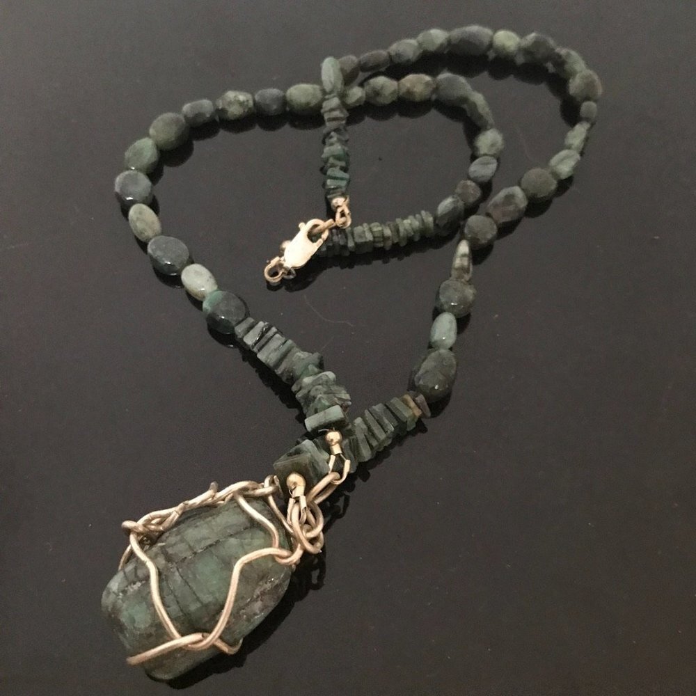 Genuine Emerald Gemstone Sterling Silver Necklace Pendant Wire Wrapped Natural 378$
